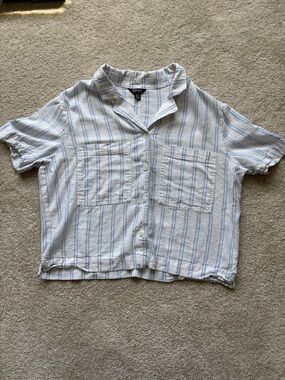 Buffalo David Bitton Light Blue and White Striped Cropped Button-Up Linen Blend